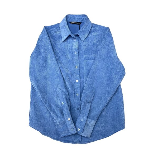 Zara Fine-Waled Corduroy Oversized Blue Button-Up Shirt With Pocket Size XS - Picture 13 of 16